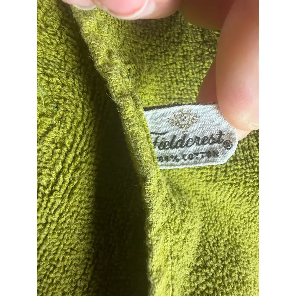 Vintage Fieldcrest Hand Towels Set of 2 Avocado Green Fringe Bow Embroidered 70s